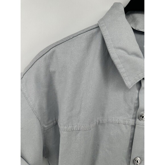Zara Short Romper Womens SMALL Gray Denim Shimmer Metallic Short Sleeve NEW - Picture 2 of 5